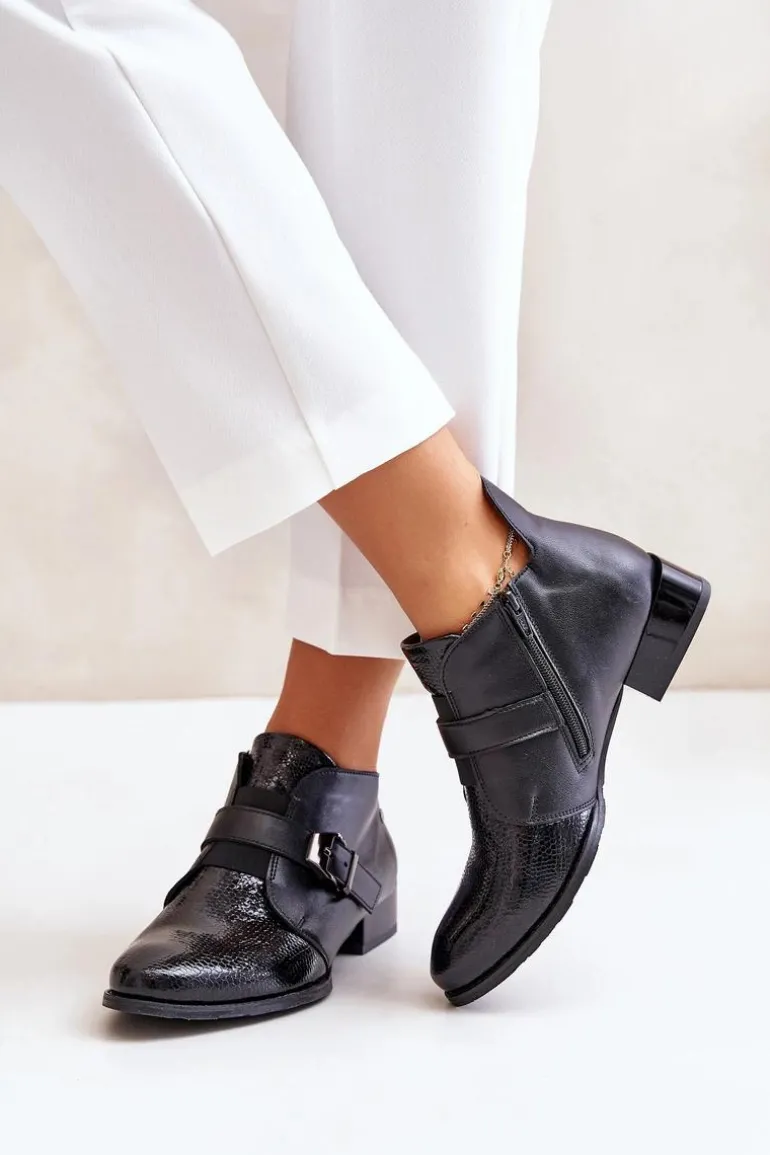 Skórzane Niskie Botki Na Zamek Maciejka 06692-01 Czarne