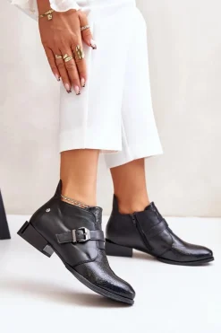 Skórzane Niskie Botki Na Zamek Maciejka 06692-01 Czarne