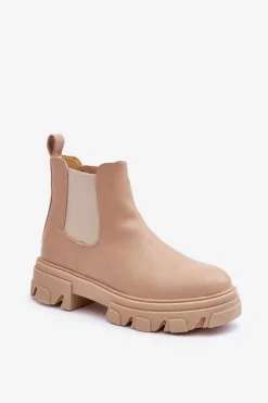 Skórzane Niskie Botki Sztyblety Beżowe Alcanassa