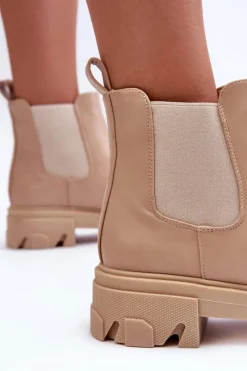 Skórzane Niskie Botki Sztyblety Beżowe Alcanassa