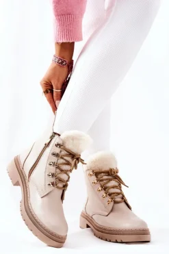 Skórzane Ocieplane Botki Beżowe Khaleni