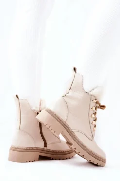 Skórzane Ocieplane Botki Beżowe Khaleni