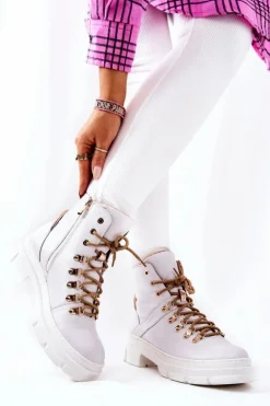 Skórzane Ocieplane Botki Biało-Beżowe Brescia