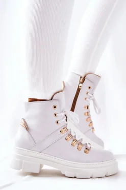 Skórzane Ocieplane Botki Białe Brescia