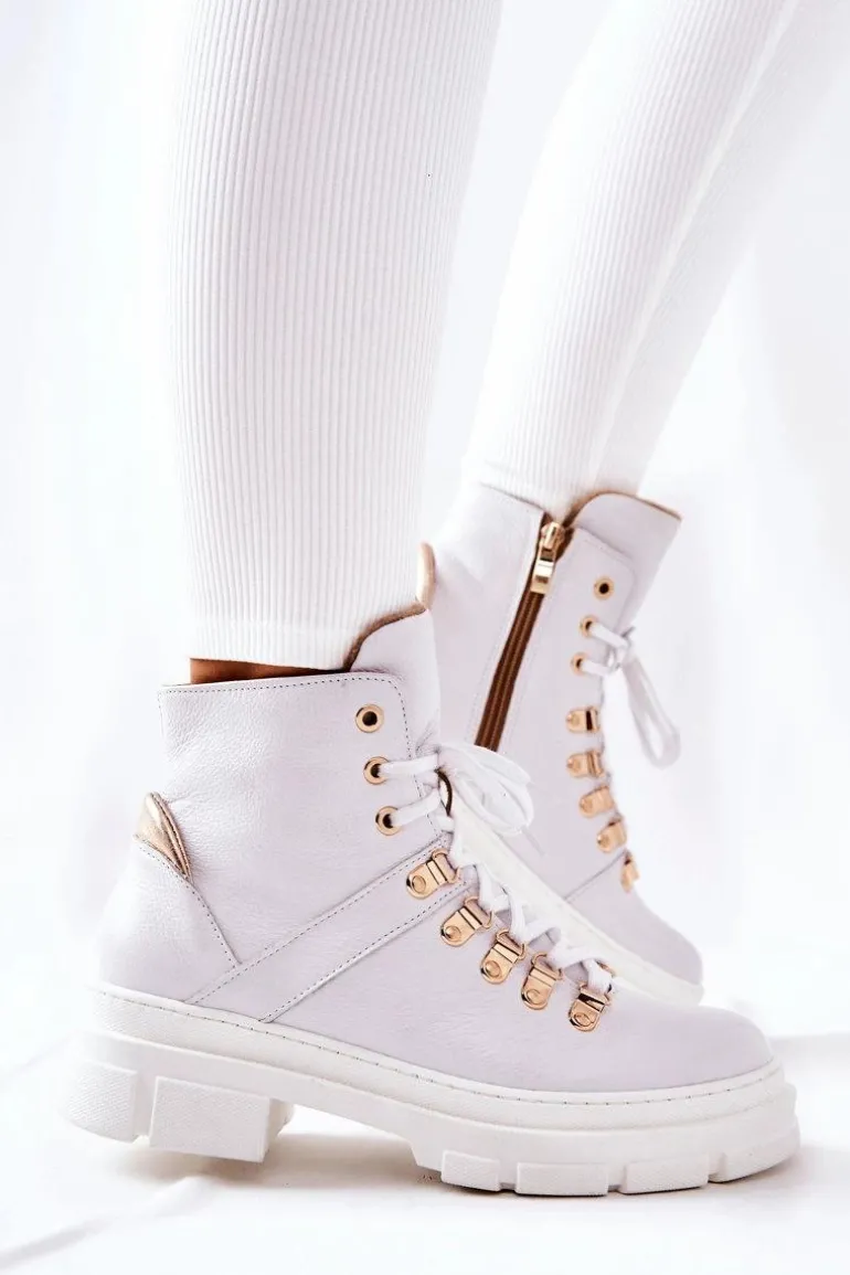 Skórzane Ocieplane Botki Białe Brescia