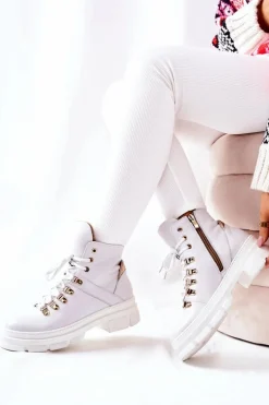 Skórzane Ocieplane Botki Białe Brescia