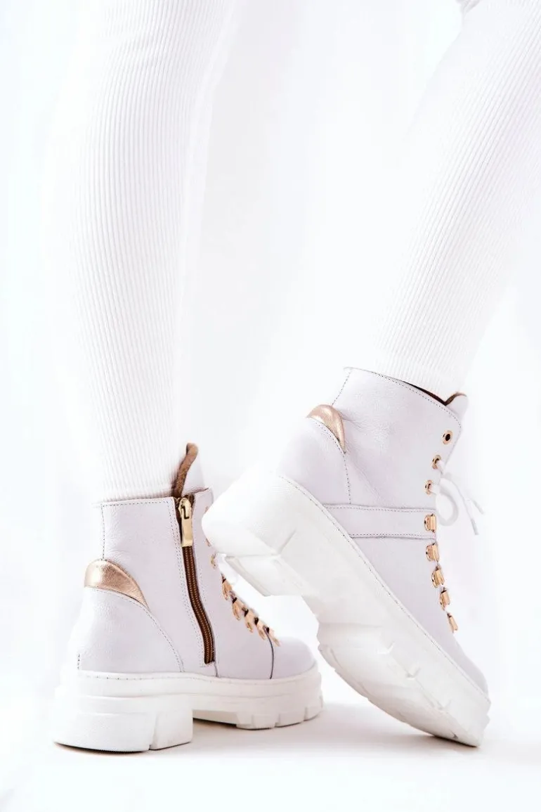 Skórzane Ocieplane Botki Białe Brescia