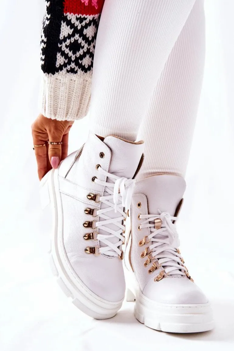 Skórzane Ocieplane Botki Białe Brescia