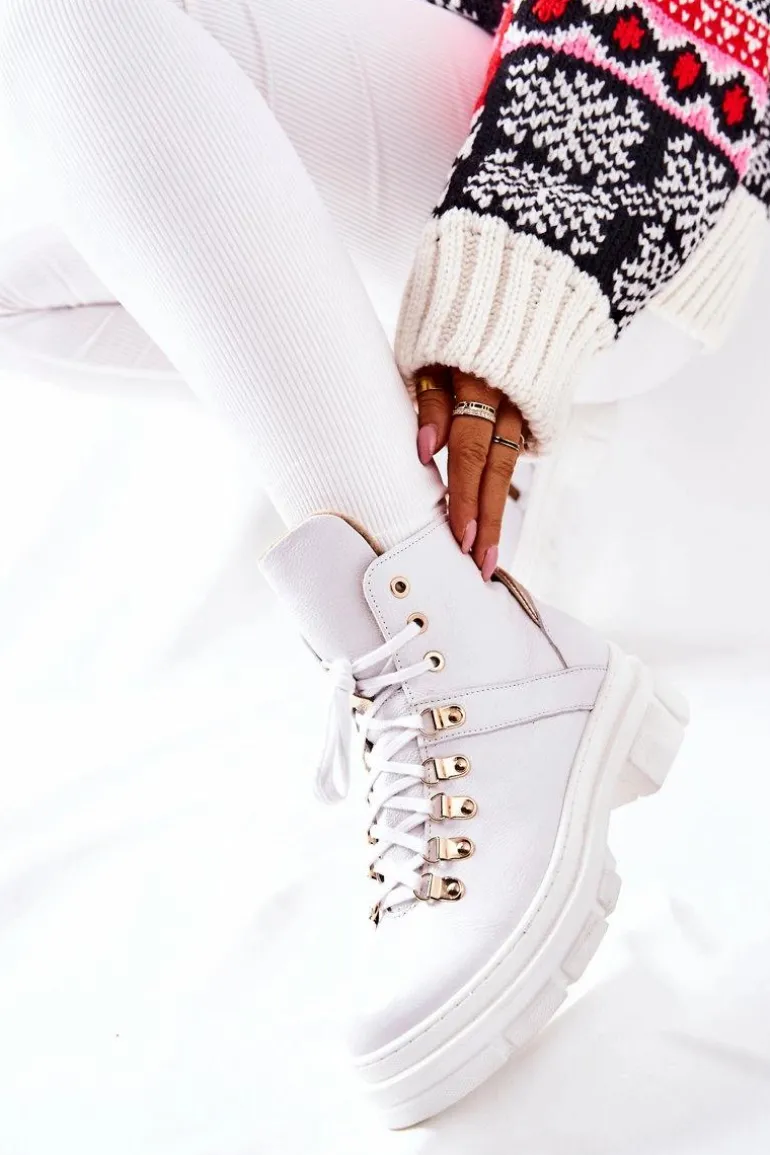 Skórzane Ocieplane Botki Białe Brescia