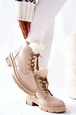 Skórzane Ocieplane Botki Beżowe Molissa