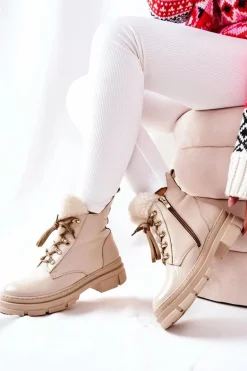 Skórzane Ocieplane Botki Beżowe Molissa