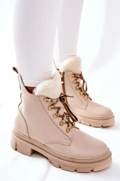 Skórzane Ocieplane Botki Beżowe Molissa