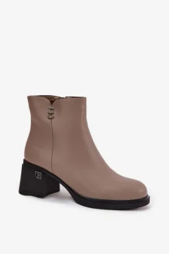 Skórzane Ocieplane Botki Damskie Na Klocku Vinceza 91159 Ciemnobeżowe