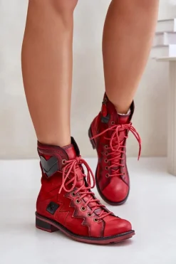 Skórzane Ocieplane Botki Damskie Na Płaskim Obcasie Maciejka 06106-08 Czerwone