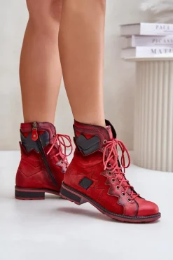 Skórzane Ocieplane Botki Damskie Na Płaskim Obcasie Maciejka 06106-08 Czerwone