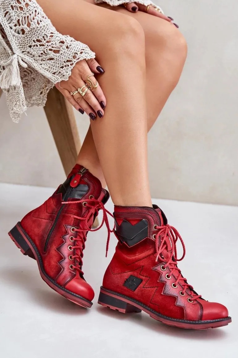 Skórzane Ocieplane Botki Damskie Na Płaskim Obcasie Maciejka 06106-08 Czerwone