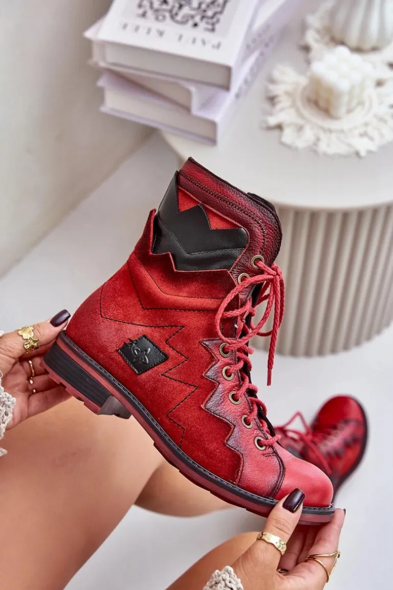 Skórzane Ocieplane Botki Damskie Na Płaskim Obcasie Maciejka 06106-08 Czerwone