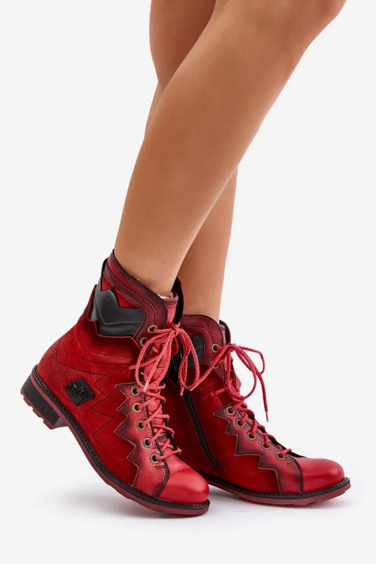 Skórzane Ocieplane Botki Damskie Na Płaskim Obcasie Maciejka 06106-08 Czerwone