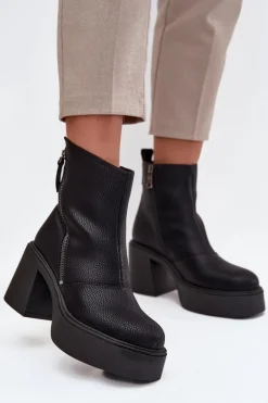 Skórzane Ocieplane Botki Damskie Na Słupku I Platformie Vinceza 66831 Czarne