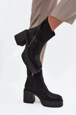 Skórzane Ocieplane Botki Damskie Na Słupku I Platformie Vinceza 66831 Czarne