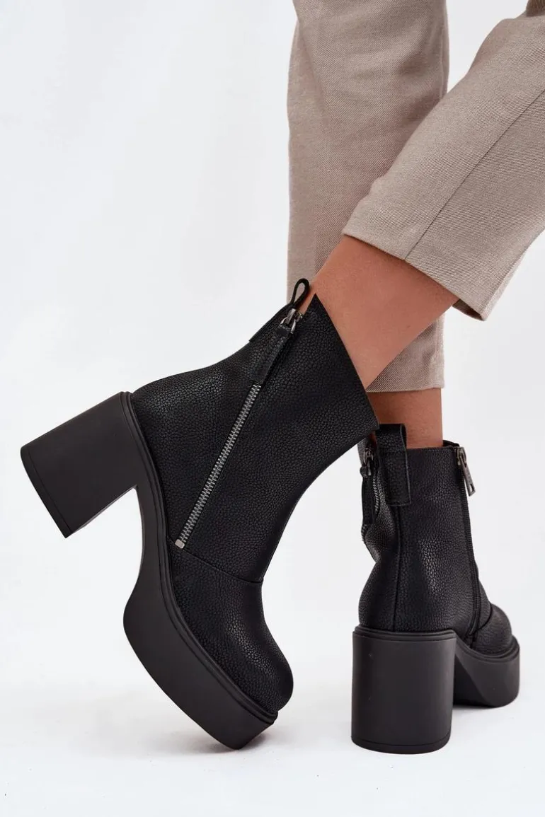 Skórzane Ocieplane Botki Damskie Na Słupku I Platformie Vinceza 66831 Czarne