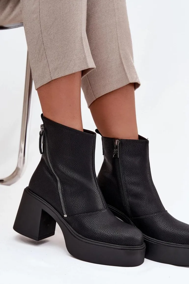 Skórzane Ocieplane Botki Damskie Na Słupku I Platformie Vinceza 66831 Czarne