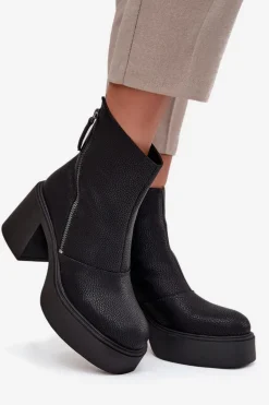 Skórzane Ocieplane Botki Damskie Na Słupku I Platformie Vinceza 66831 Czarne