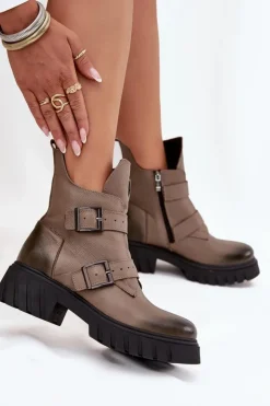 Skórzane Ocieplane Botki Damskie Z Klamrami I Ozdobnym Detalem Zazoo 60482 Ciemnobeżowe