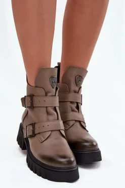 Skórzane Ocieplane Botki Damskie Z Klamrami I Ozdobnym Detalem Zazoo 60482 Ciemnobeżowe