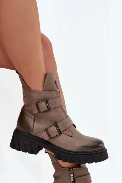 Skórzane Ocieplane Botki Damskie Z Klamrami I Ozdobnym Detalem Zazoo 60482 Ciemnobeżowe