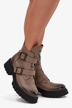 Skórzane Ocieplane Botki Damskie Z Klamrami I Ozdobnym Detalem Zazoo 60482 Ciemnobeżowe