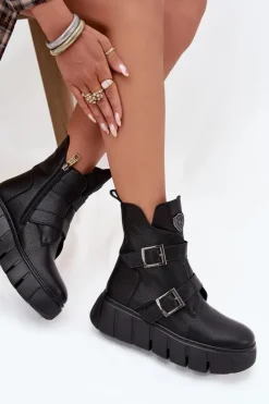 Skórzane Ocieplane Botki Damskie Na Platformie Z Klamrami Vinceza 66842 Czarne