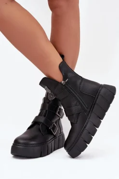 Skórzane Ocieplane Botki Damskie Na Platformie Z Klamrami Vinceza 66842 Czarne