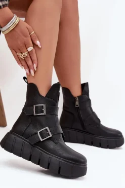 Skórzane Ocieplane Botki Damskie Na Platformie Z Klamrami Vinceza 66842 Czarne