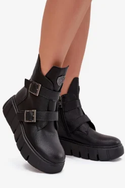 Skórzane Ocieplane Botki Damskie Na Platformie Z Klamrami Vinceza 66842 Czarne