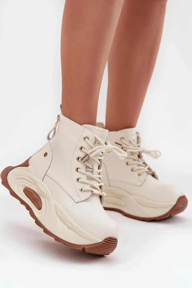 Skórzane Ocieplane Botki Damskie Na Platformie GOE SS2N4300 Jasnobeżowe