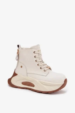 Skórzane Ocieplane Botki Damskie Na Platformie GOE SS2N4300 Jasnobeżowe