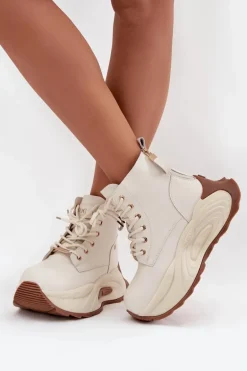 Skórzane Ocieplane Botki Damskie Na Platformie GOE SS2N4300 Jasnobeżowe