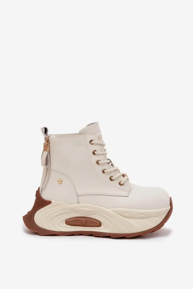 Skórzane Ocieplane Botki Damskie Na Platformie GOE SS2N4300 Jasnobeżowe