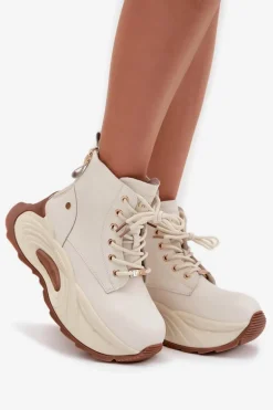 Skórzane Ocieplane Botki Damskie Na Platformie GOE SS2N4300 Jasnobeżowe