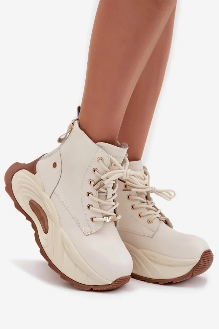 Skórzane Ocieplane Botki Damskie Na Platformie GOE SS2N4300 Jasnobeżowe