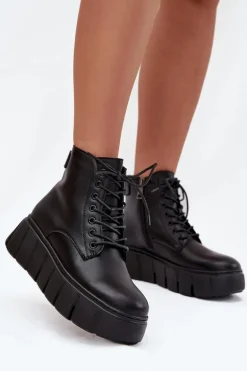 Skórzane Ocieplane Botki Damskie Na Platformie Vinceza 66803 Czarne
