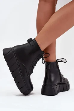 Skórzane Ocieplane Botki Damskie Na Platformie Vinceza 66803 Czarne