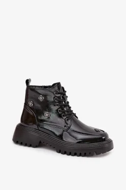 Skórzane Ocieplane Botki Damskie Z Ozdobami Lakierowane Artiker 57C0345 Czarne