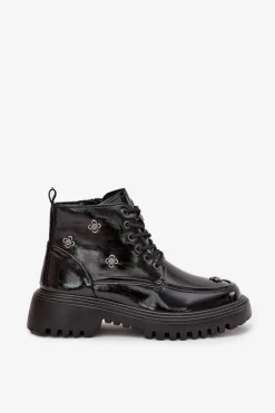 Skórzane Ocieplane Botki Damskie Z Ozdobami Lakierowane Artiker 57C0345 Czarne