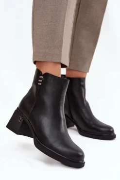 Skórzane Ocieplane Botki Damskie Na Klocku Vinceza 91159 Czarne