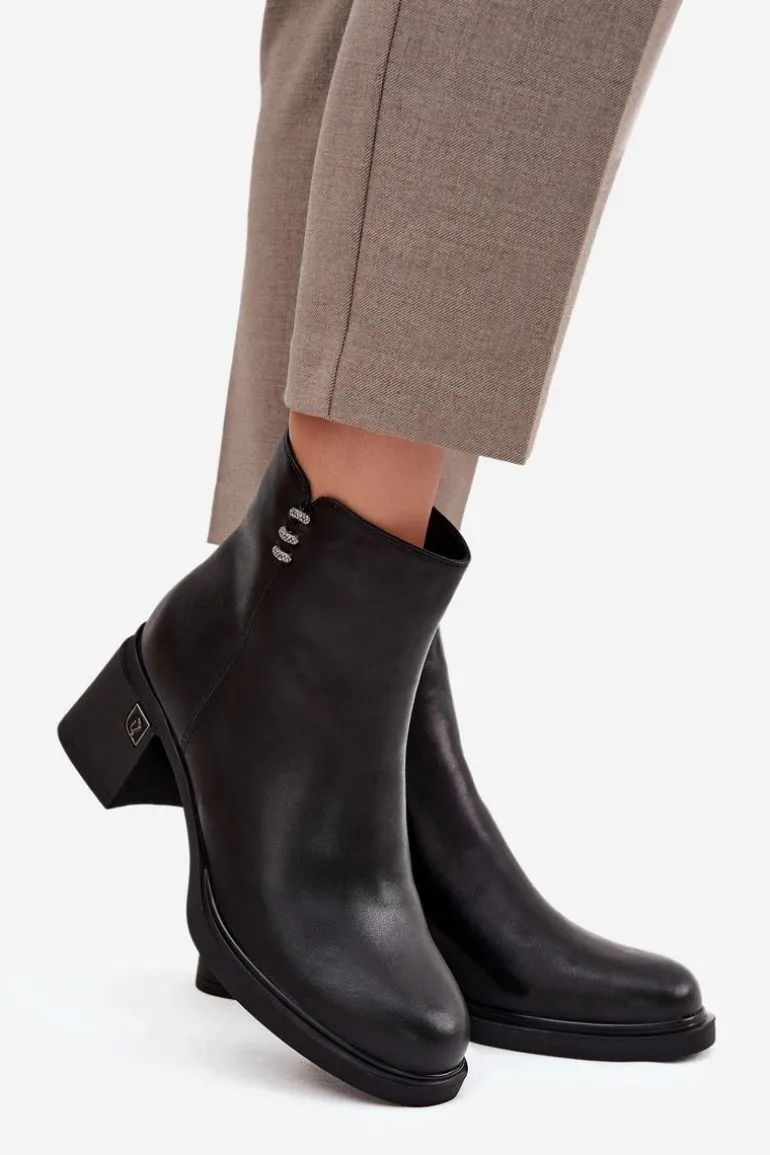 Skórzane Ocieplane Botki Damskie Na Klocku Vinceza 91159 Czarne