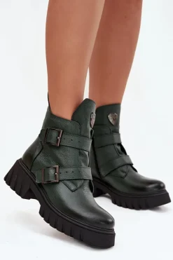 Skórzane Ocieplane Botki Damskie Z Klamrami I Ozdobnym Detalem Zazoo 60482 Ciemnozielone
