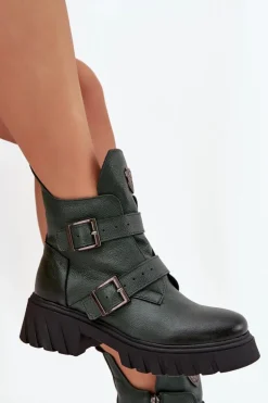Skórzane Ocieplane Botki Damskie Z Klamrami I Ozdobnym Detalem Zazoo 60482 Ciemnozielone