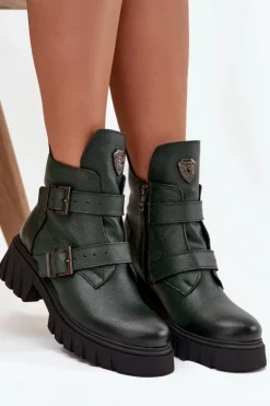 Skórzane Ocieplane Botki Damskie Z Klamrami I Ozdobnym Detalem Zazoo 60482 Ciemnozielone